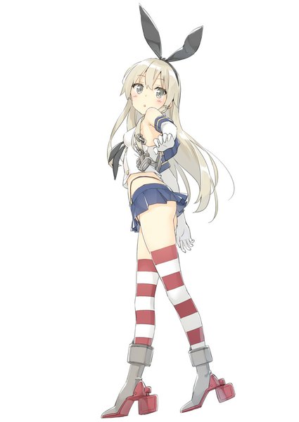 Anime picture 637x900 with kantai collection shimakaze destroyer kani biimu single long hair tall image looking at viewer blush fringe light erotic simple background white background bare shoulders silver hair silver eyes girl thighhighs skirt gloves bow