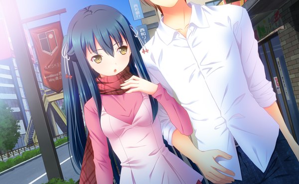 Anime picture 1300x800 with touhikou game houjou akito tamanaha renna yasuyuki long hair blush open mouth wide image yellow eyes blue hair looking away game cg couple street girl boy hair ornament plant (plants) shirt tree (trees)