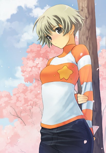 Anime picture 690x1000 with original hirokiku single tall image looking at viewer blush short hair sky cloud (clouds) grey hair grey eyes cherry blossoms hands behind back spring girl plant (plants) petals tree (trees) envelope