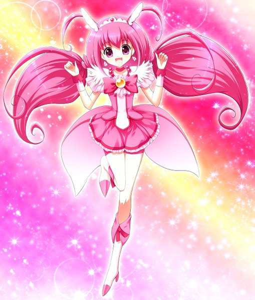 Anime picture 1029x1212 with precure smile precure! toei animation hoshizora miyuki cure happy isumi (i-spixi) single long hair tall image open mouth purple eyes twintails pink hair girl dress earrings boots frills star (stars) tiara