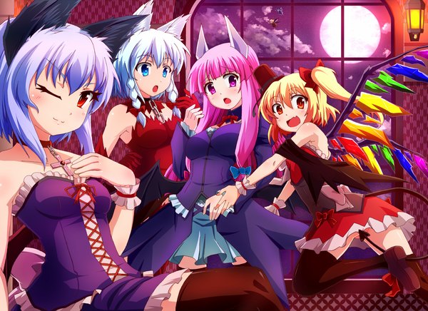 Anime picture 2000x1455 with touhou flandre scarlet remilia scarlet izayoi sakuya patchouli knowledge cirno rumia byoubyou long hair highres short hair blue eyes light erotic blonde hair red eyes multiple girls animal ears blue hair pink hair white hair