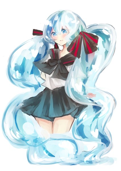Anime picture 1500x2118 with vocaloid hatsune miku bottle miku single tall image looking at viewer blue eyes simple background white background blue hair very long hair liquid hair girl skirt uniform ribbon (ribbons) hair ribbon school uniform fish (fishes)