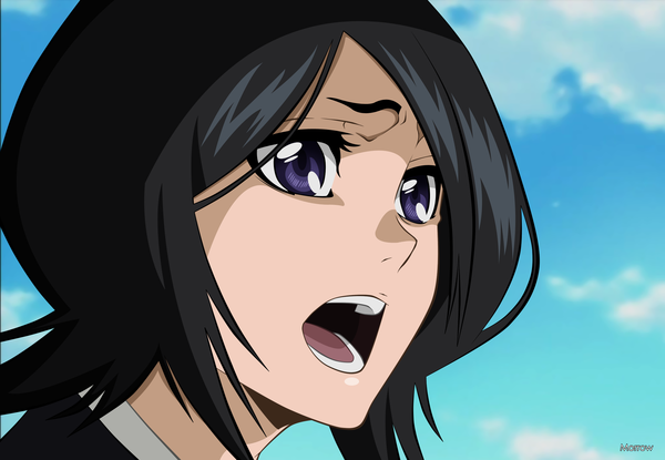 Anime picture 2400x1661 with bleach studio pierrot kuchiki rukia morrow single highres short hair open mouth black hair purple eyes sky cloud (clouds) portrait face vector screaming girl