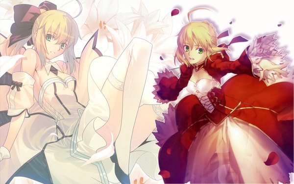 Anime picture 1920x1200 with fate (series) fate/stay night fate/extra studio deen type-moon artoria pendragon (all) saber nero claudius (fate) (all) nero claudius (fate) saber lily takeuchi takashi highres short hair blonde hair wide image multiple girls green eyes ahoge official art girl
