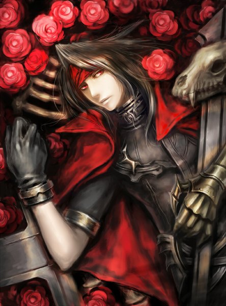 Anime picture 787x1063 with final fantasy final fantasy vii square enix vincent valentine nawo hp single long hair tall image looking at viewer red eyes brown hair lying bone (bones) boy gloves flower (flowers) weapon armor rose (roses) headband