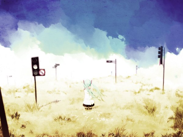 Anime picture 1200x900 with vocaloid hatsune miku irena (artist) long hair twintails sky cloud (clouds) from behind aqua hair back field girl thighhighs uniform black thighhighs plant (plants) school uniform grass traffic sign