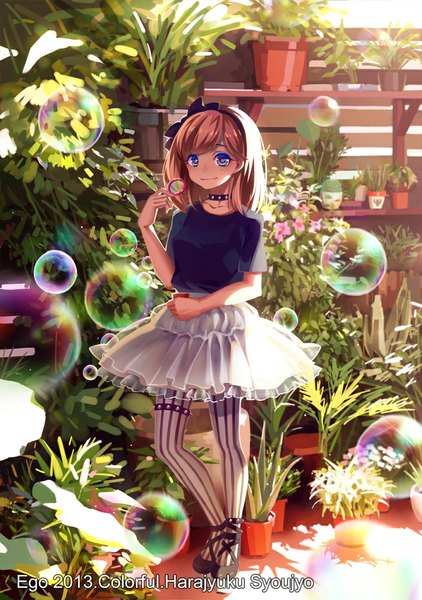 Anime picture 704x1000 with original sougishi ego single tall image looking at viewer short hair blue eyes brown hair multicolored eyes girl dress bow plant (plants) hair bow bubble (bubbles)