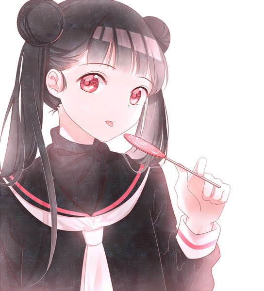 Anime picture 2000x2204 with card captor sakura clamp li meiling zhi (yammycheese) single long hair tall image looking at viewer fringe highres black hair simple background red eyes white background twintails upper body blunt bangs hair bun (hair buns) girl uniform