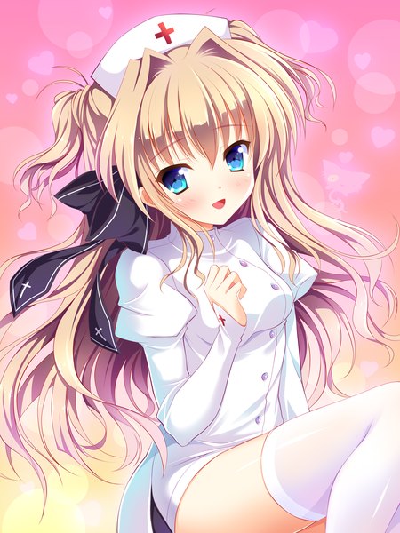 Anime picture 1200x1600 with mashiroiro symphony sena airi bashen chenyue single long hair tall image looking at viewer blush fringe breasts open mouth blue eyes blonde hair smile hair between eyes sitting twintails long sleeves :d zettai ryouiki