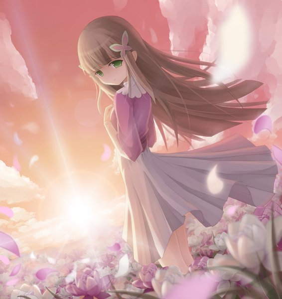 Anime picture 3307x3508 with original zhandou greymon single long hair tall image fringe highres brown hair green eyes absurdres sky cloud (clouds) outdoors blunt bangs sunlight girl dress hair ornament flower (flowers) butterfly hair ornament