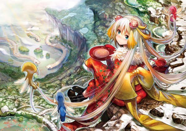 Anime picture 1412x1000 with original chachie single looking at viewer blush blue eyes blonde hair sitting very long hair traditional clothes looking back girl hair ornament water plate snake teapot