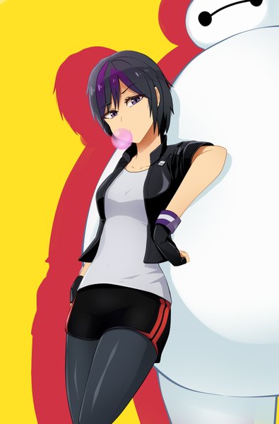 Anime picture 1037x1574 with big hero 6 disney baymax (big hero 6) gogo tomago (big hero 6) galois (trex9704) single tall image looking at viewer fringe short hair black hair simple background standing purple eyes purple hair multicolored hair open clothes open jacket two-tone hair shadow