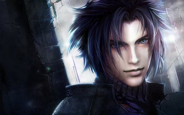 Anime picture 1280x800 with final fantasy final fantasy vii square enix zack fair k-koji single looking at viewer short hair blue eyes black hair smile wide image realistic facial mark scar boy sweater wall
