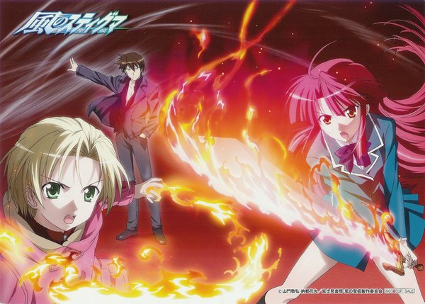 Anime picture 2233x1598 with kaze no stigma kannagi ayano kannagi kazuma kannagi ren yamakawa kouji long hair looking at viewer highres short hair open mouth blonde hair red eyes brown hair green eyes red hair wind multiple boys girl boy uniform