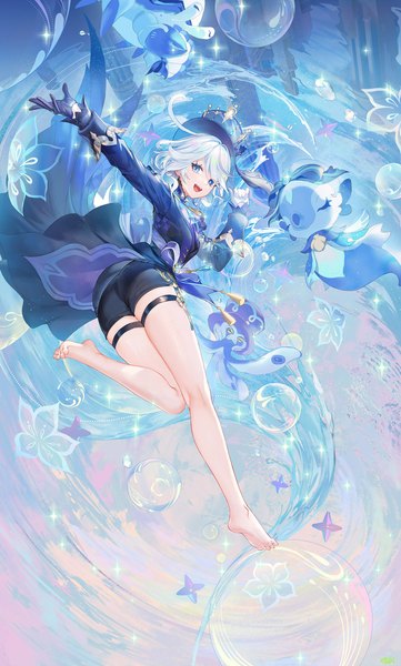Anime picture 1444x2400 with genshin impact furina (genshin impact) atdan single tall image looking at viewer short hair open mouth blue eyes silver hair full body ahoge :d barefoot bare legs from below girl gloves hat water