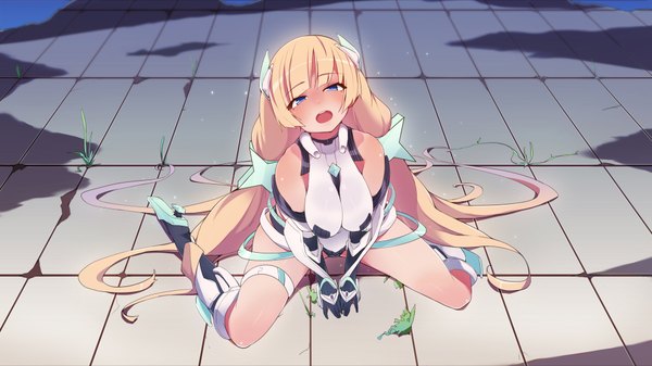 Anime picture 1920x1080 with expelled from paradise angela balzac maze (gochama ze gohan) single looking at viewer highres short hair breasts blue eyes light erotic blonde hair wide image sitting twintails very long hair spread legs low twintails wariza floor sexually suggestive