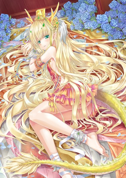 Anime picture 1131x1600 with original hika (cross-angel) single tall image blush fringe open mouth light erotic blonde hair bare shoulders green eyes looking away silver hair ass tail lying barefoot horn (horns) pointy ears bare legs