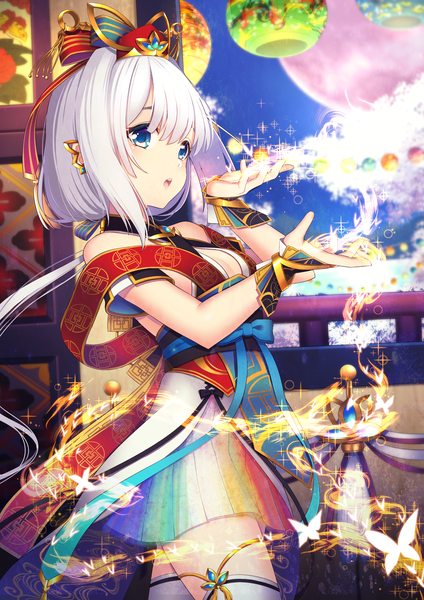 Anime picture 2026x2866 with original ap@meito single tall image fringe highres short hair open mouth blue eyes standing looking away white hair pleated skirt arm up night sparkle night sky magic cleavage cutout red moon