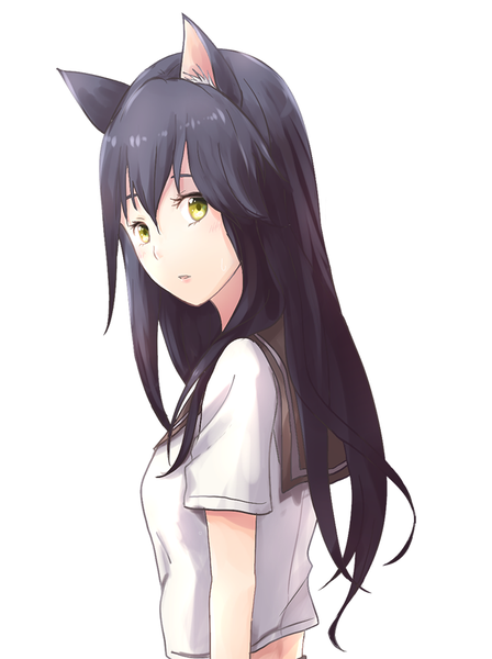 Anime picture 700x936 with original chaou single long hair tall image looking at viewer fringe black hair simple background white background green eyes animal ears looking back cat ears cat girl girl uniform school uniform serafuku