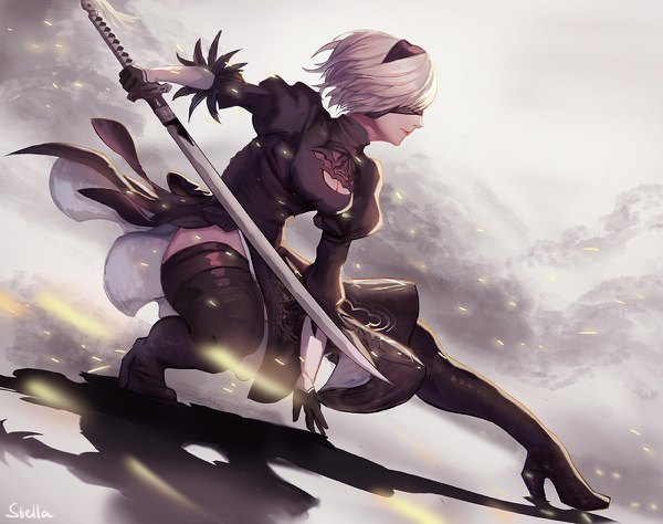 Anime picture 1200x948 with nier nier:automata yorha no. 2 type b stellarien single fringe short hair breasts light erotic holding signed cleavage silver hair full body profile shadow high heels puffy sleeves floating hair cleavage cutout