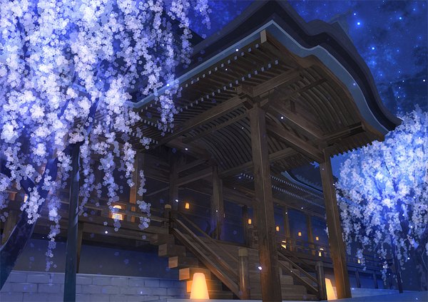 Anime picture 960x679 with original toti (pixiv) night night sky no people flower (flowers) plant (plants) petals tree (trees) building (buildings) star (stars) lantern stairs shrine