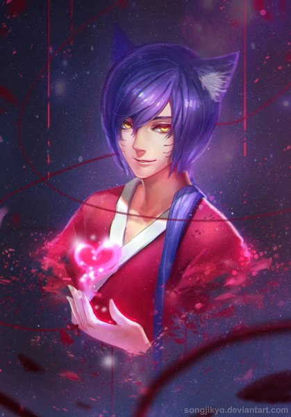 Anime picture 794x1138 with league of legends ahri (league of legends) songjikyo single tall image looking at viewer fringe short hair animal ears yellow eyes blue hair traditional clothes japanese clothes light smile fox ears facial mark whisker markings genderswap fox boy boy