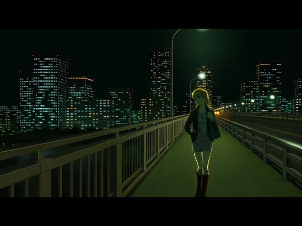 Anime picture 1280x960 with idolmaster hoshii miki om (carbohydratism) single blonde hair night city dark background letterboxed landscape hand in pocket city lights backlighting street boots bag ground vehicle railing car shoulder bag