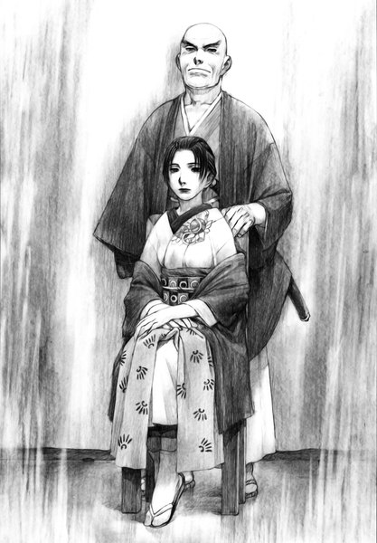 Anime picture 2085x3000 with blade of the immortal samura hiroaki tall image highres black hair traditional clothes japanese clothes black eyes monochrome bald girl boy kimono
