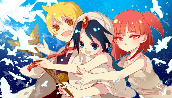 Anime picture 1000x573 with magi the labyrinth of magic a-1 pictures morgiana aladdin (magi) ali baba saluja lc hi ji (saiyki) blush short hair open mouth blue eyes blonde hair red eyes wide image yellow eyes blue hair sky red hair one side up group girl