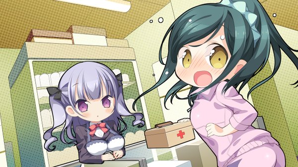 Anime picture 1280x720 with koi suru kanojo no bukiyou na butai kokonoe maria chisa (koi suru kanojo no bukiyou na butai) mitaonsya long hair fringe open mouth wide image purple eyes twintails multiple girls brown eyes blue hair silver hair ponytail chibi girl uniform hair ornament 2 girls