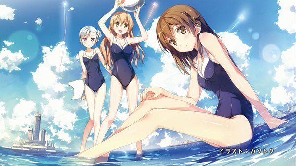 Anime picture 1920x1080 with rinne no lagrange production i.g fin e ld si laffinty kyouno madoka muginami kantoku long hair highres short hair brown hair wide image purple eyes multiple girls brown eyes yellow eyes cloud (clouds) white hair girl swimsuit sea