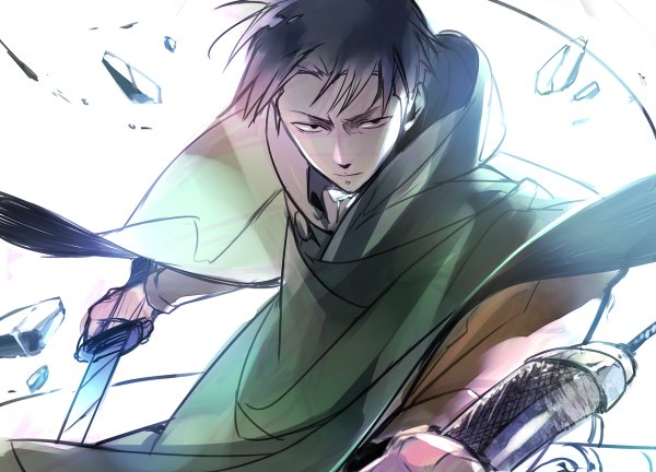 Anime picture 1200x864 with shingeki no kyojin production i.g levi (rivaille) ali-chino single short hair black hair simple background white background holding black eyes dual wielding boy weapon sword cape