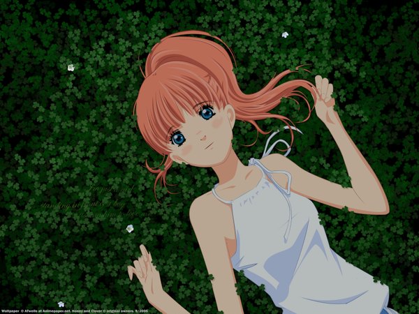 Anime picture 1600x1200 with honey and clover j.c. staff yamada ayumi afwells shimamura hidekazu single blush blue eyes signed ponytail red hair lying on back wallpaper dated flat chest spread arms vector third-party edit girl