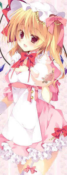Anime picture 500x1300 with touhou flandre scarlet kisaragi kiriha single tall image blush short hair open mouth blonde hair red eyes girl dress bow hair bow wings bonnet crystal teapot