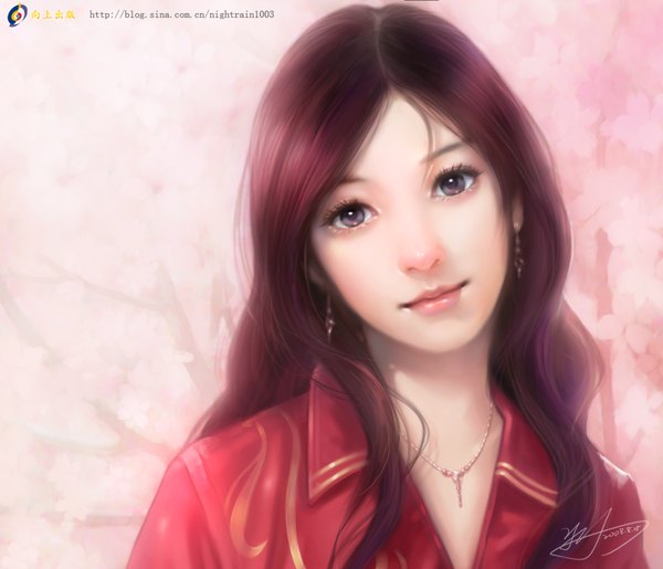 Anime picture 1883x1618 with yu-han single long hair looking at viewer highres signed red hair lips black eyes girl earrings choker