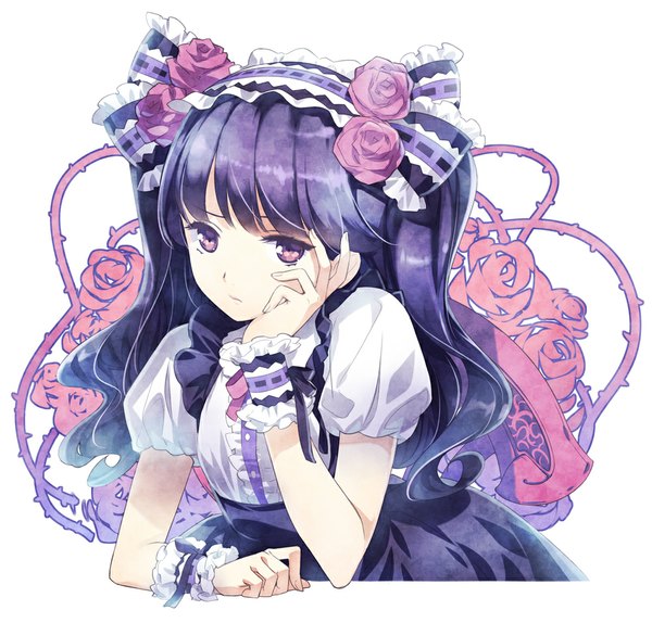 Anime picture 1000x958 with original hirano katsuyuki single long hair looking at viewer fringe purple eyes purple hair short sleeves puffy sleeves wavy hair girl dress hair ornament flower (flowers) rose (roses) thorns