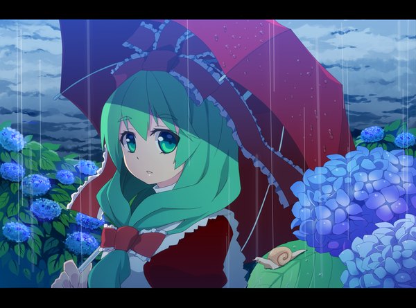 Anime picture 2105x1564 with touhou kagiyama hina nomu (artist) single long hair highres green eyes green hair rain girl flower (flowers) ribbon (ribbons) hair ribbon umbrella hydrangea