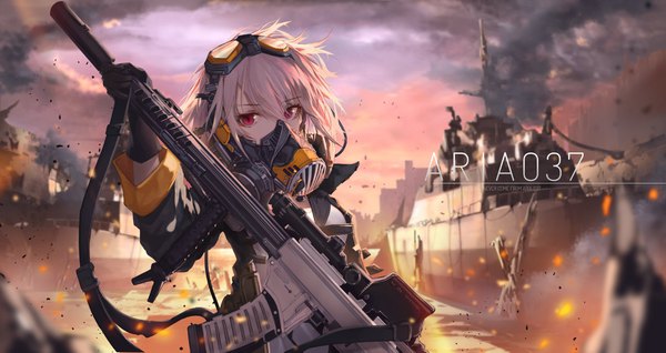 Anime picture 1630x865 with original jname single looking at viewer fringe short hair hair between eyes red eyes wide image holding silver hair cloud (clouds) upper body outdoors long sleeves depth of field smoke goggles on head girl gloves