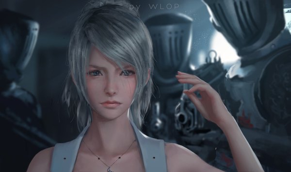 Anime picture 1600x948 with final fantasy final fantasy xv square enix lunafreya nox fleuret wlop looking at viewer fringe short hair blue eyes wide image bare shoulders holding signed upper body ponytail nail polish arm up lips grey hair blurry