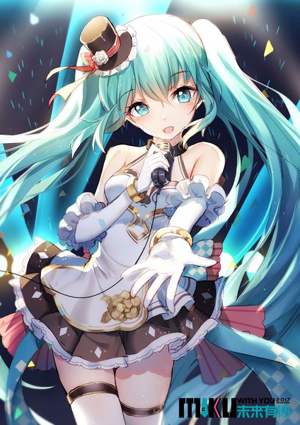 Anime picture 800x1131 with vocaloid miku with you (vocaloid) hatsune miku bison cangshu single tall image looking at viewer fringe open mouth hair between eyes twintails bare shoulders very long hair aqua eyes aqua hair character names outstretched hand singing girl gloves