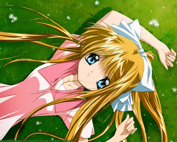 Anime picture 1280x1024 with air key (studio) kamio misuzu ningen (nattoli) blue eyes blonde hair girl ribbon (ribbons)