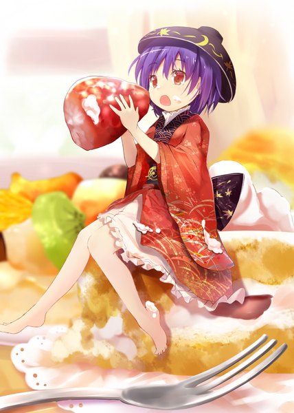 Anime picture 642x900 with touhou sukuna shinmyoumaru efe single tall image blush short hair open mouth red eyes sitting looking away purple hair traditional clothes japanese clothes barefoot eating minigirl girl hat food