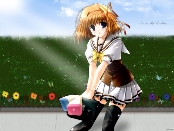 Anime picture 1600x1200 with shuffle! fuyou kaede sakaki maki single looking at viewer open mouth blue eyes blonde hair sky girl uniform flower (flowers) ribbon (ribbons) hair ribbon school uniform school bag