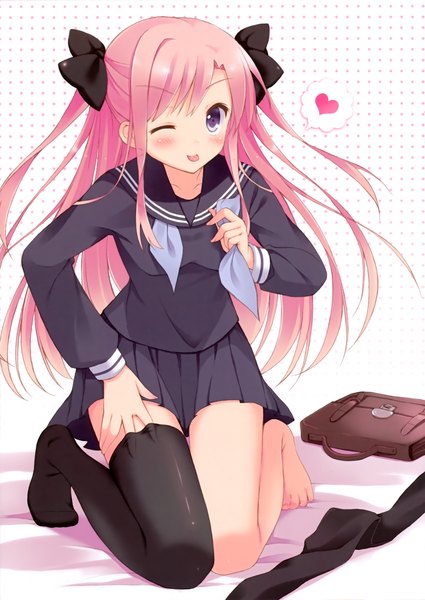 Anime picture 2127x3000 with original pan (mimi) single long hair tall image blush highres purple eyes pink hair one eye closed barefoot wink two side up :p girl thighhighs skirt bow black thighhighs hair bow