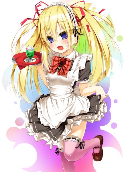 Anime picture 909x1200 with original peragura single long hair tall image blush open mouth blonde hair purple eyes twintails teeth maid fang (fangs) girl thighhighs ribbon (ribbons) hair ribbon food frills headdress