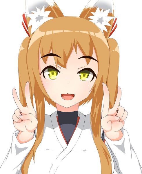 Anime picture 980x1200 with original grambo dc single long hair tall image looking at viewer fringe open mouth simple background smile brown hair white background twintails animal ears yellow eyes upper body traditional clothes :d japanese clothes fox ears
