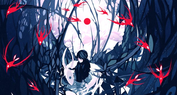 Anime picture 1300x700 with original nanomortis (artist) fringe short hair black hair wide image sitting animal ears blue hair eyes closed from above mountain landscape leg hug abstract polychromatic girl plant (plants) animal tree (trees)