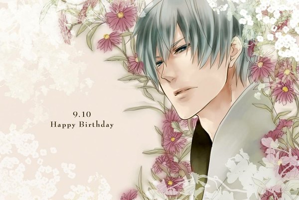 Anime picture 1050x705 with bleach studio pierrot ichimaru gin single short hair grey hair inscription grey eyes wallpaper happy birthday boy flower (flowers)