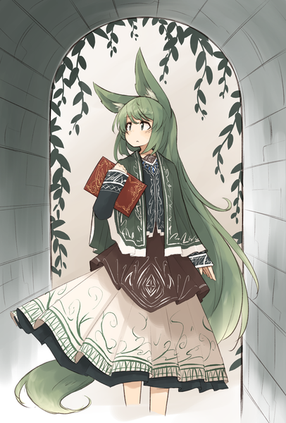Anime picture 1150x1700 with original kaginoni single tall image fringe simple background holding green eyes animal ears looking away tail long sleeves very long hair animal tail green hair grey background fox ears fox tail fox girl sleeves past wrists