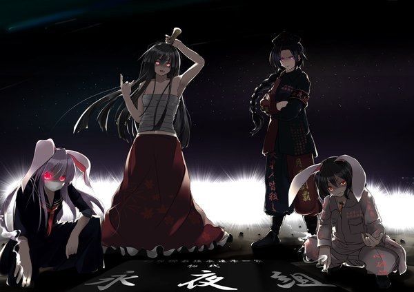 Anime picture 2000x1416 with touhou reisen udongein inaba houraisan kaguya inaba tewi yagokoro eirin manimani (artist) long hair highres black hair bare shoulders multiple girls animal ears white hair braid (braids) pink eyes night bunny ears alternate costume glowing bunny girl